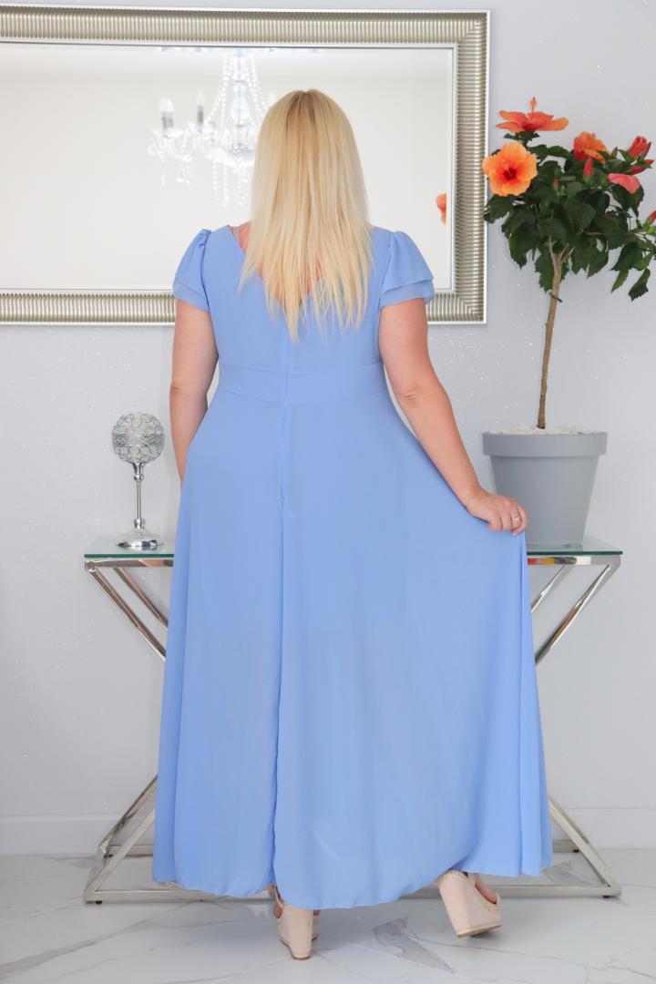 Sukienka Milos pięknie modelująca sylwetkę! Kopertowy dekolt wysmukla dekolt i szyję. Błękitna. - obrazek 5