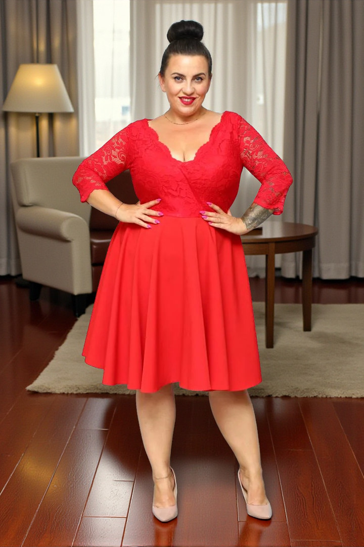 Sukienka Daniella rozkloszowana ekskluzywna kopertowy dekolt koronka czerwona kwiatki - obrazek 3