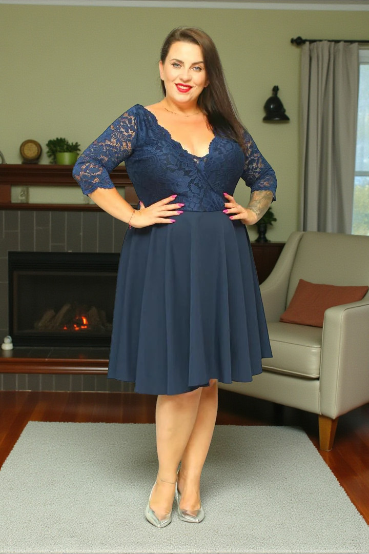 Sukienka Daniella rozkloszowana ekskluzywna kopertowy dekolt koronka granat kwiatki - obrazek 3