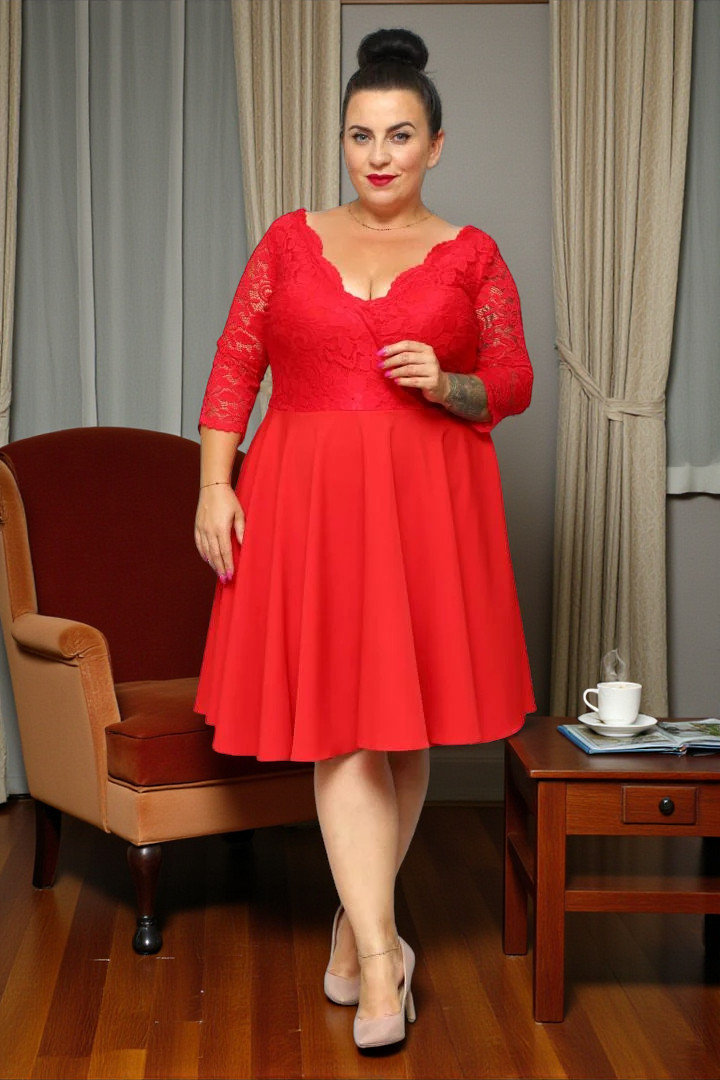 Sukienka Daniella rozkloszowana ekskluzywna kopertowy dekolt koronka czerwona kwiatki