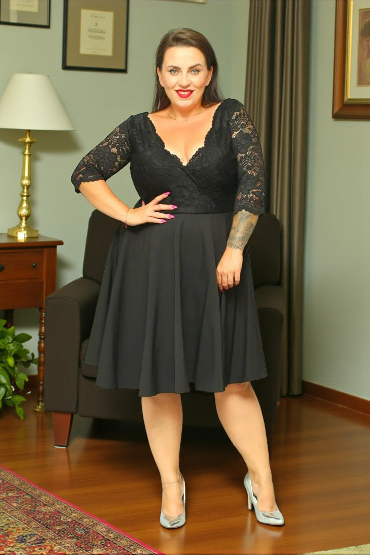 ? Jeden model, każda sylwetka! Sukienka wizytowa w pełnej rozmiarówce 36-60. Koronka czarna kwiatki. KOD S1096.
