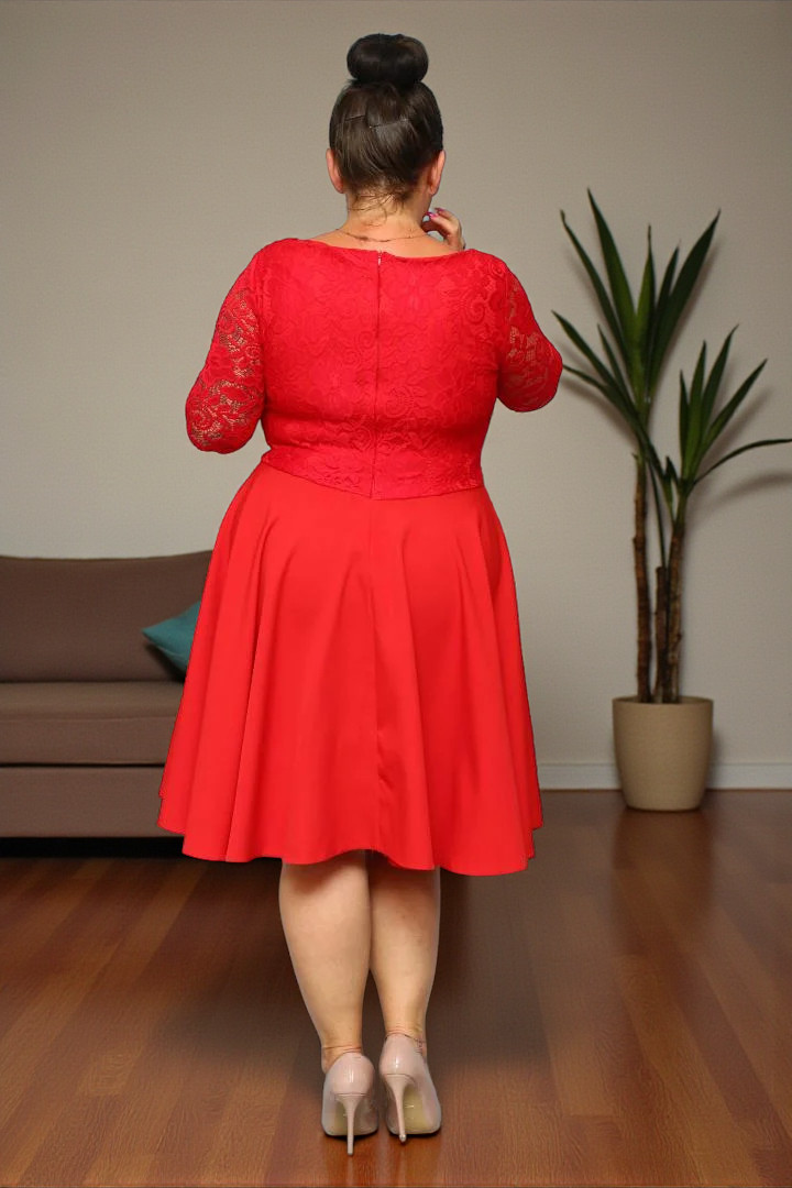 Sukienka Daniella rozkloszowana ekskluzywna kopertowy dekolt koronka czerwona kwiatki - obrazek 4