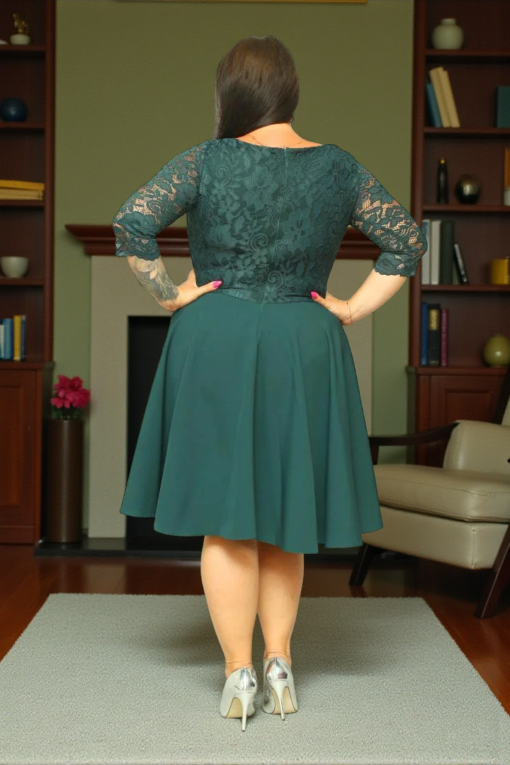 Sukienka Daniella rozkloszowana ekskluzywna kopertowy dekolt koronka butelkowa zieleń kwiatki - obrazek 4