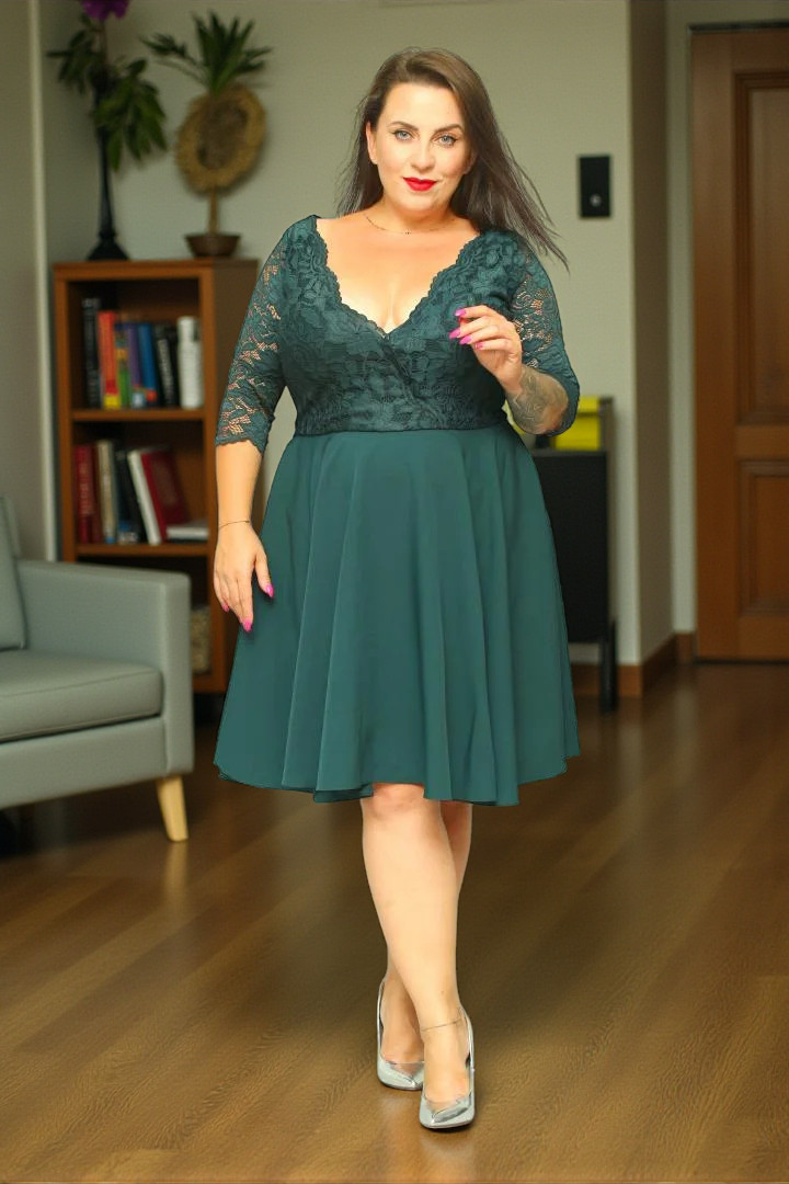 Sukienka Daniella rozkloszowana ekskluzywna kopertowy dekolt koronka butelkowa zieleń kwiatki - obrazek 5