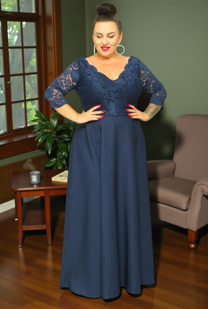 Sukienka Caterina maxi wieczorowa rozkloszowana ekskluzywna dekolt serek koronka granat kwiatki