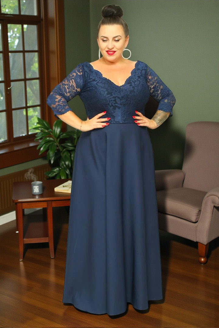 Sukienka Caterina maxi wieczorowa rozkloszowana ekskluzywna dekolt serek koronka granat kwiatki