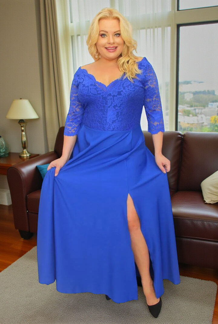 Sukienka Caterina maxi wieczorowa rozkloszowana ekskluzywna dekolt serek koronka chabrowa kwiatki