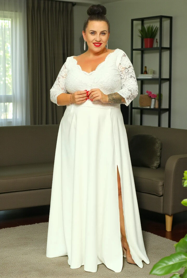 Sukienka Caterina maxi wieczorowa rozkloszowana ekskluzywna dekolt serek koronka ecru kwiatki ŚLUB POPRAWINY