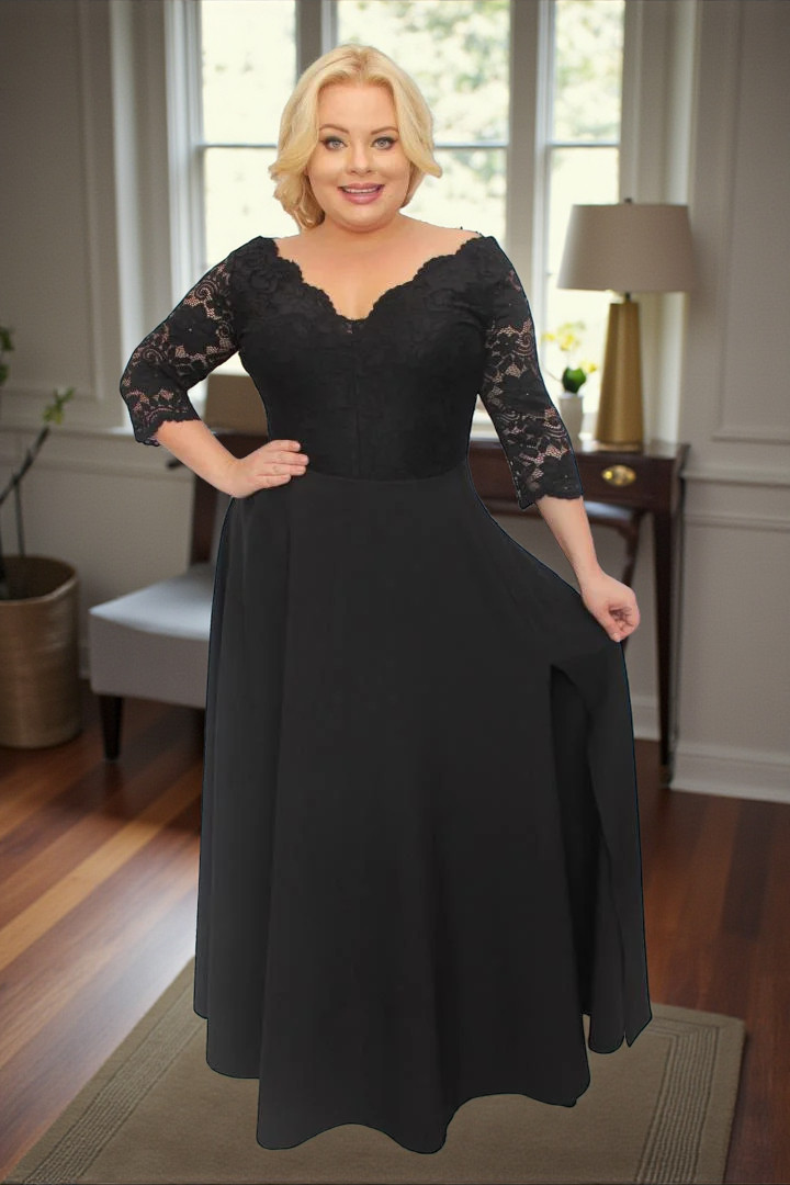 Sukienka Caterina maxi wieczorowa rozkloszowana ekskluzywna dekolt serek koronka czarna kwiatki - obrazek 3