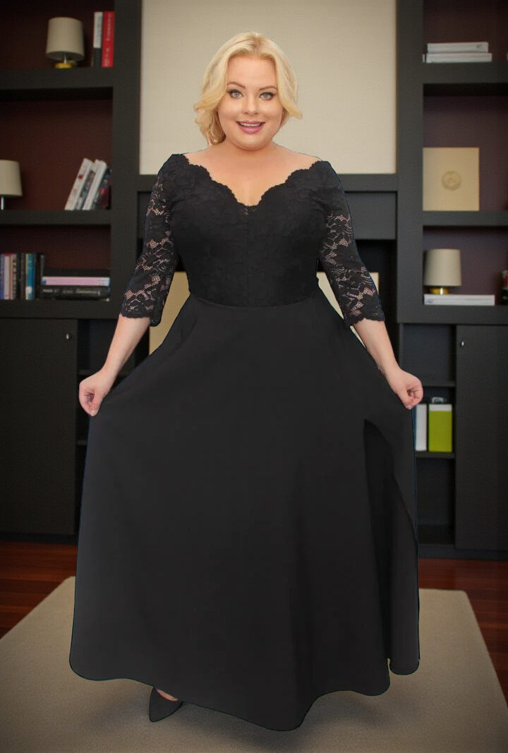 Sukienka Caterina maxi wieczorowa rozkloszowana ekskluzywna dekolt serek koronka czarna kwiatki