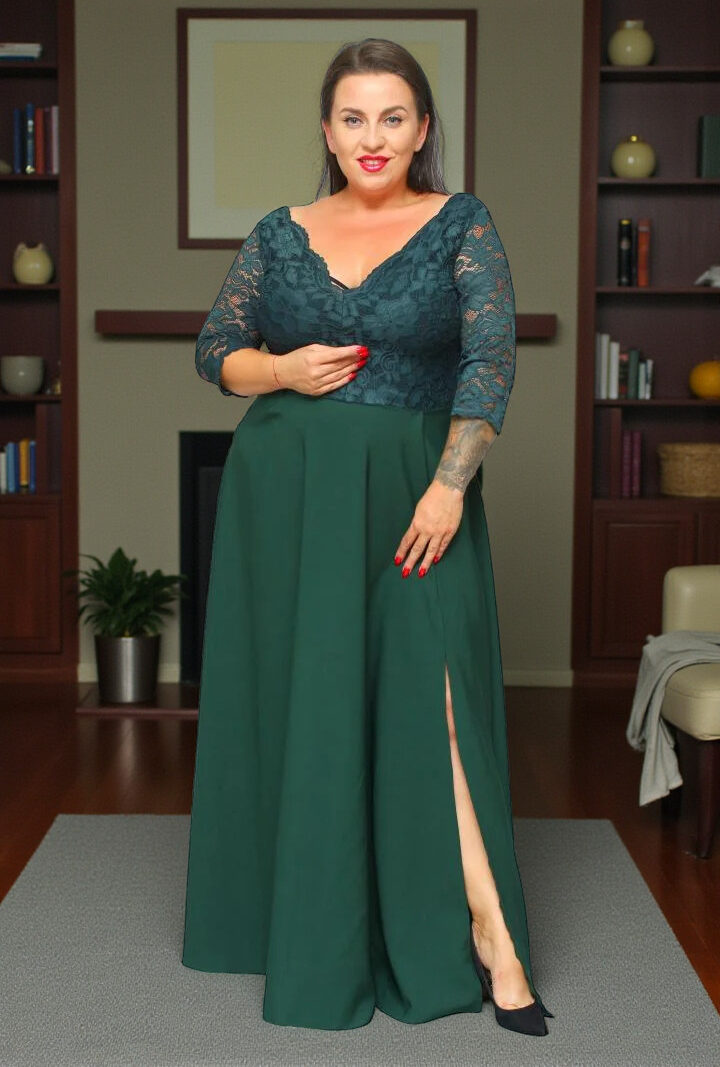 Sukienka Caterina maxi wieczorowa rozkloszowana ekskluzywna dekolt serek koronka butelkowa zieleń kwiatki