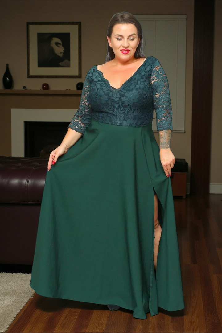 Sukienka Caterina maxi wieczorowa rozkloszowana ekskluzywna dekolt serek koronka butelkowa zieleń kwiatki - obrazek 3