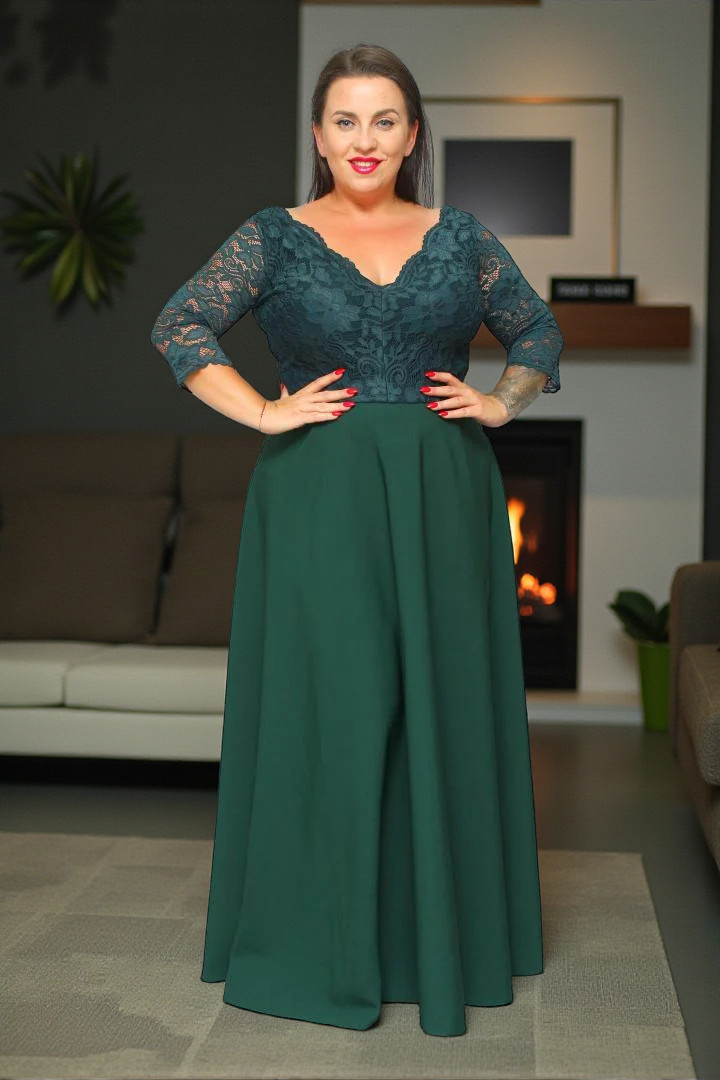 Sukienka Caterina maxi wieczorowa rozkloszowana ekskluzywna dekolt serek koronka butelkowa zieleń kwiatki - obrazek 4