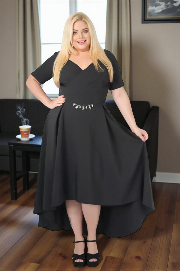 Sukienka Blanca asymetryczna rozkloszowana kopertowy dekolt ozdoba czarna