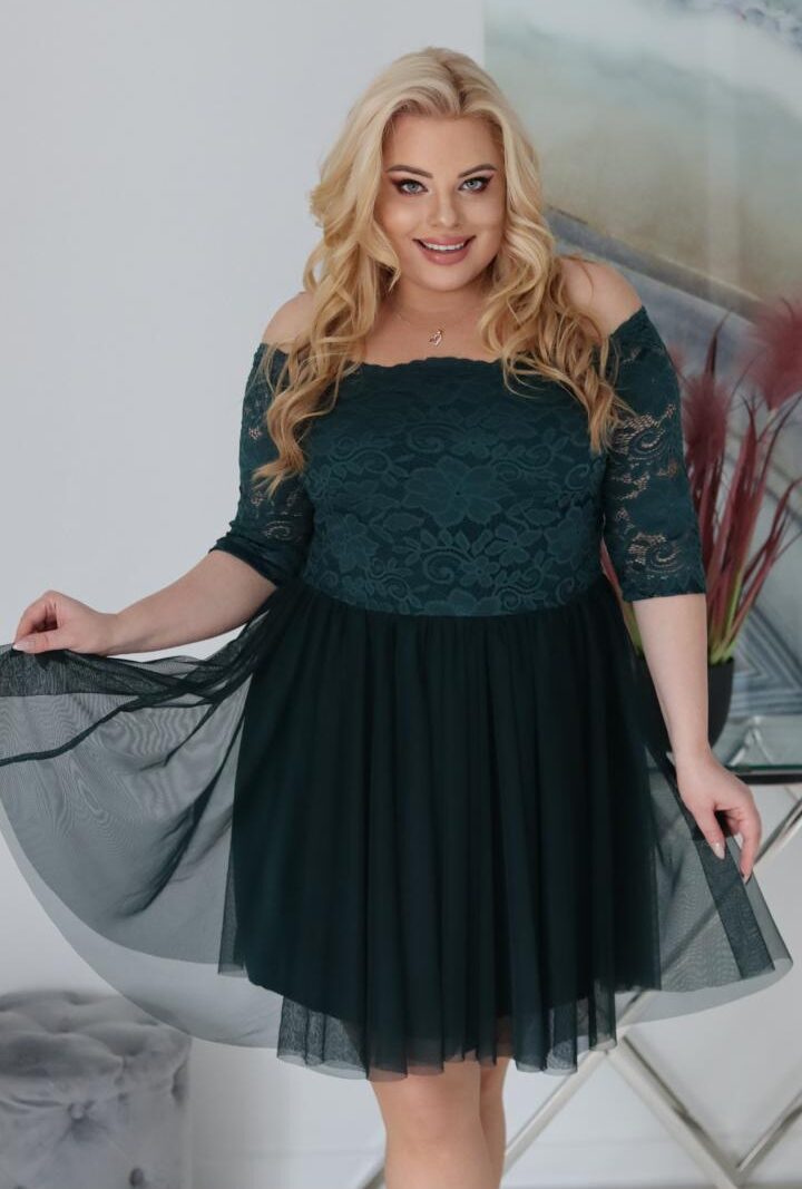Sukienka Femm rozkloszowana koronkowa góra i tiulowy dół butelkowa zieleń
