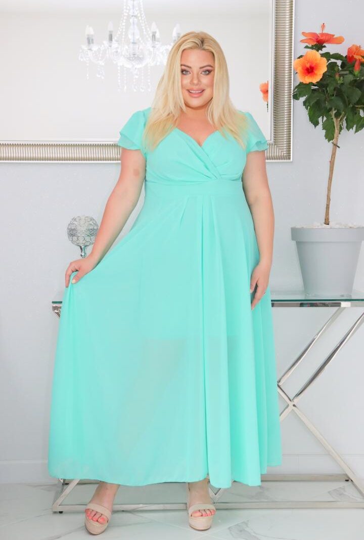 Sukienka Milos pięknie modelująca sylwetkę! Kopertowy dekolt wysmukla dekolt i szyję. Miętowa.