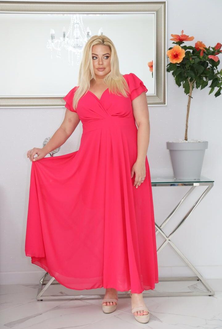 Sukienka Milos pięknie modelująca sylwetkę! Kopertowy dekolt wysmukla dekolt i szyję. Amarant.