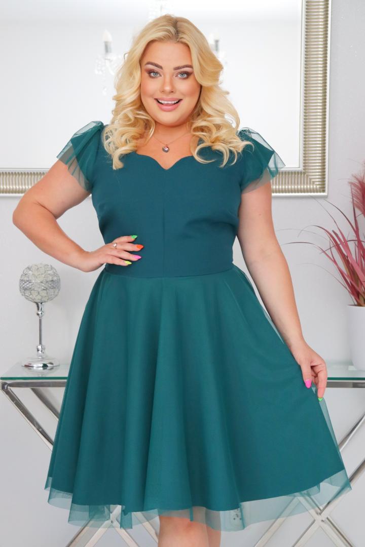 Sukienka Beti rozkloszowana z tiulowym dołem butelkowa zieleń