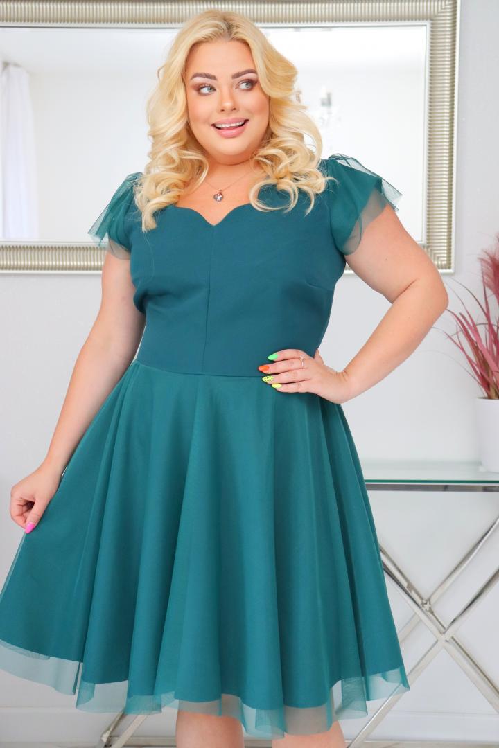 Sukienka Beti rozkloszowana z tiulowym dołem butelkowa zieleń - obrazek 3