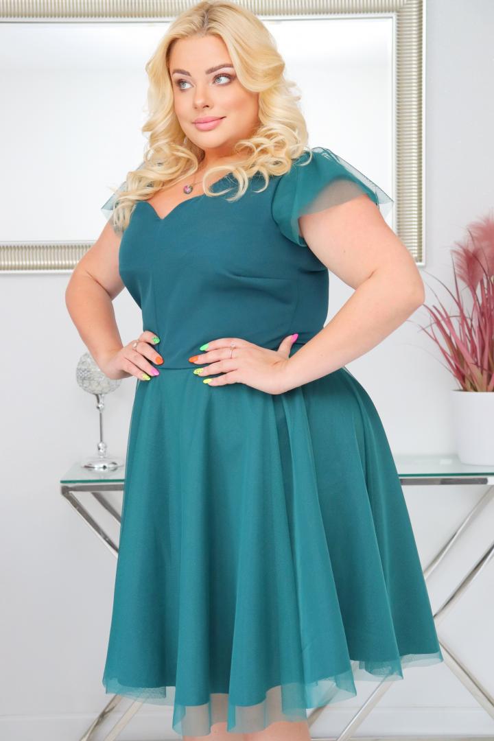 Sukienka Beti rozkloszowana z tiulowym dołem butelkowa zieleń - obrazek 4