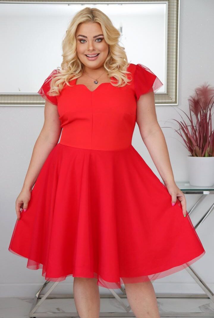 Sukienka Beti rozkloszowana z tiulowym dołem czerwona
