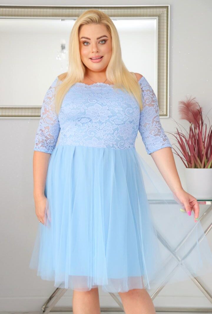 Sukienka Femm rozkloszowana koronkowa góra i tiulowy dół błękit