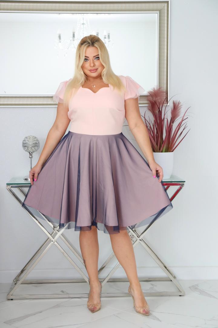 Sukienka Beti rozkloszowana z tiulowym dołem pudrowy róż z granatowym tiulem - obrazek 3