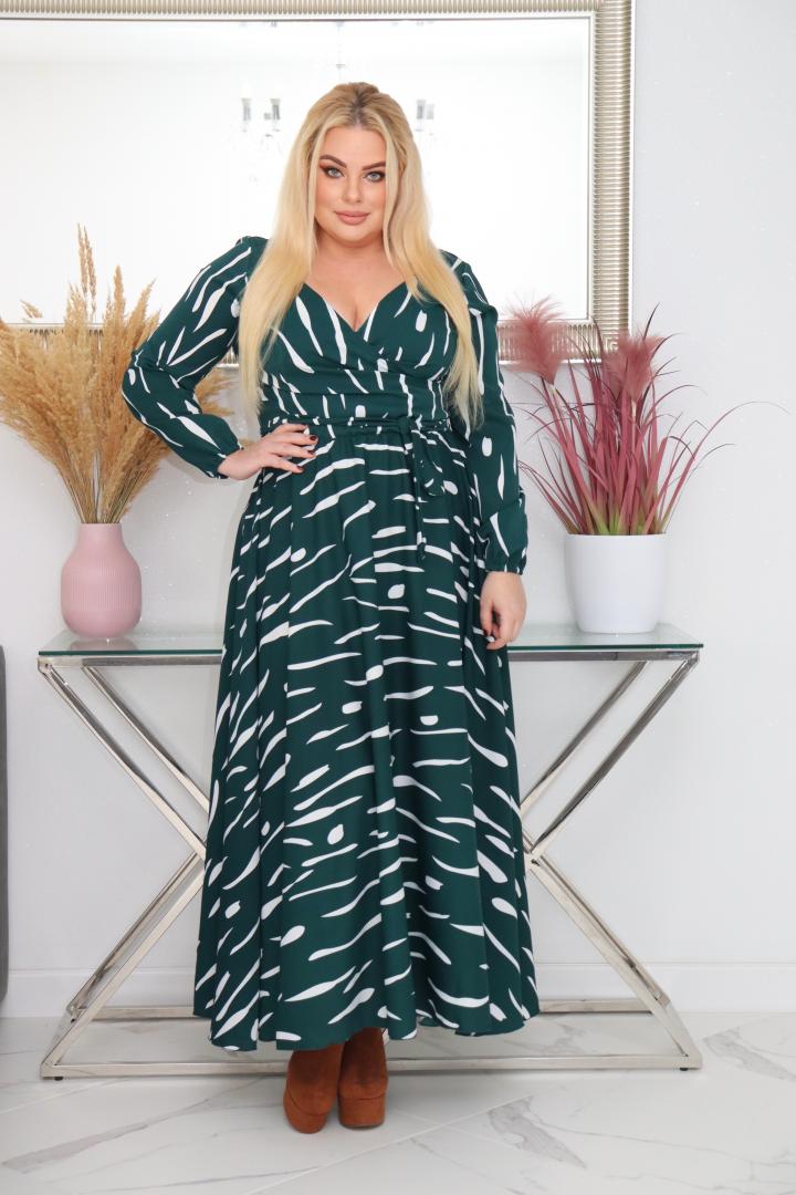 Sukienka Idalia rozkloszowana zwiewna tkanina silk kopertowy dekolt wzór z butelkową zielenią - obrazek 3