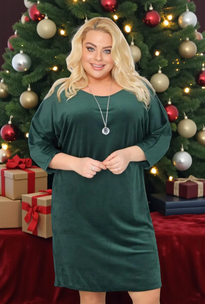 Sukienka Velutia oversize ciepła welurowa z NASZYJNIKIEM butelkowa zieleń