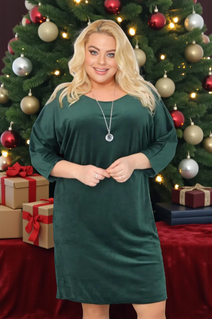 Sukienka Velutia oversize ciepła welurowa z NASZYJNIKIEM butelkowa zieleń