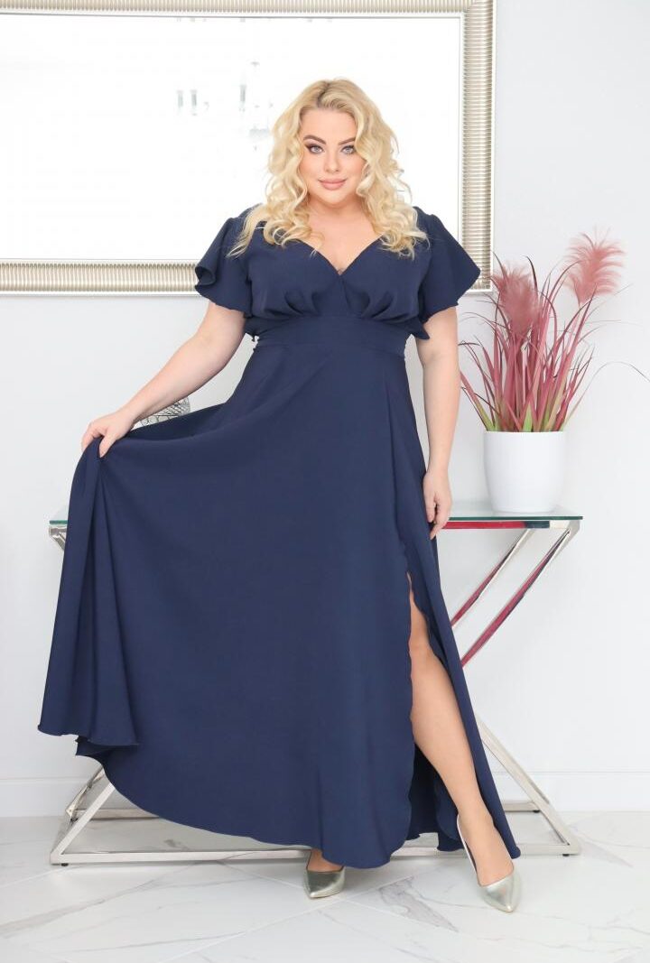 Sukienka Colette rozkloszowana kopertowy dekolt - Zanim kupisz, zobacz film, który pokazuje jak pięknie się układa. GRANATOWA