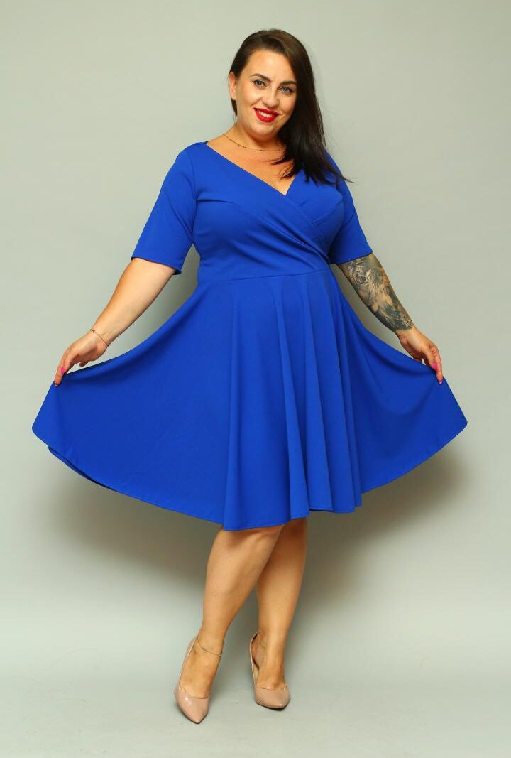 Sukienka klasyczna rozkloszowana z kopertowym dekoltem chabrowa gładka. A002. MEGA WYPRZEDAŻ!