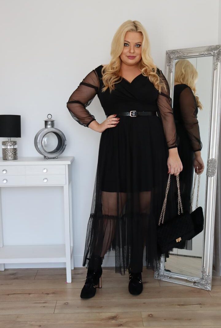 Sukienka klasyczna lekka zwiewna rozkloszowana czarny tiul. A007. MEGA WYPRZEDAŻ!