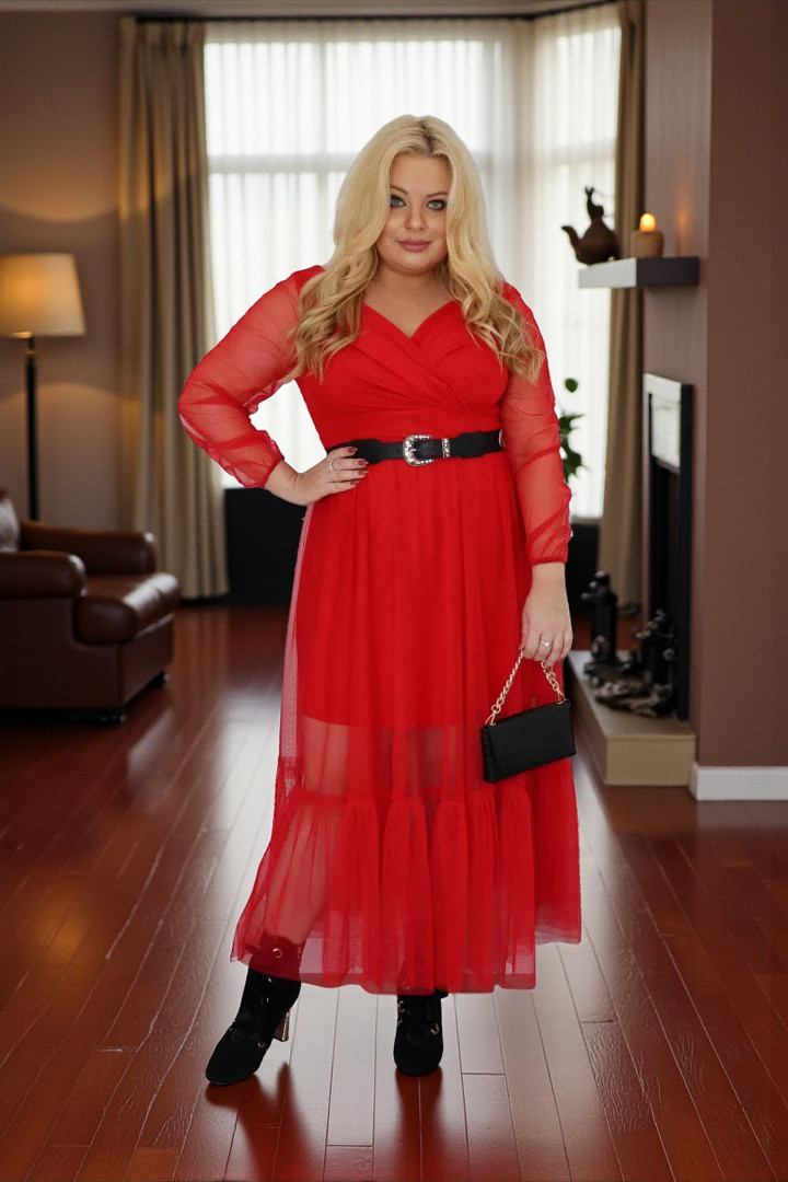 SEKRET LEKKIEJ ELEGANCJI: Sukienka z kopertowy dekoltem i romantyczną falbaną. Tiul czerwona. KOD S1094.