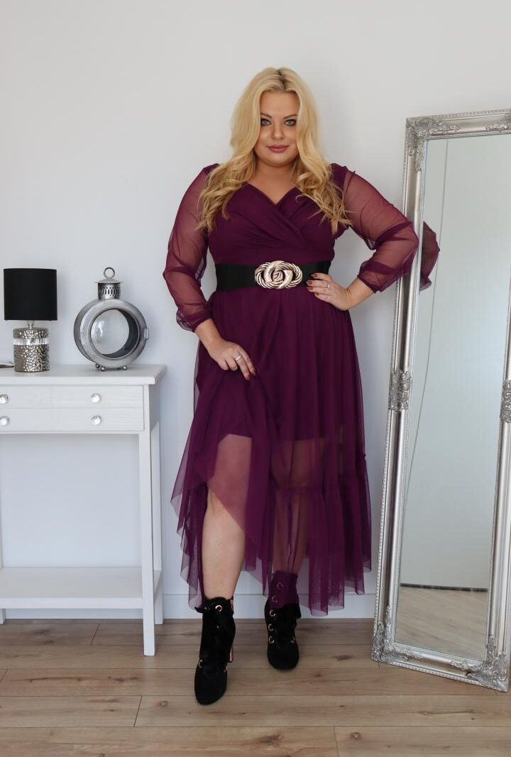 Sukienka klasyczna,lekka zwiewna rozkloszowana fioletowy tiul. A007. MEGA WYPRZEDAŻ! ostatni rozmiar 46