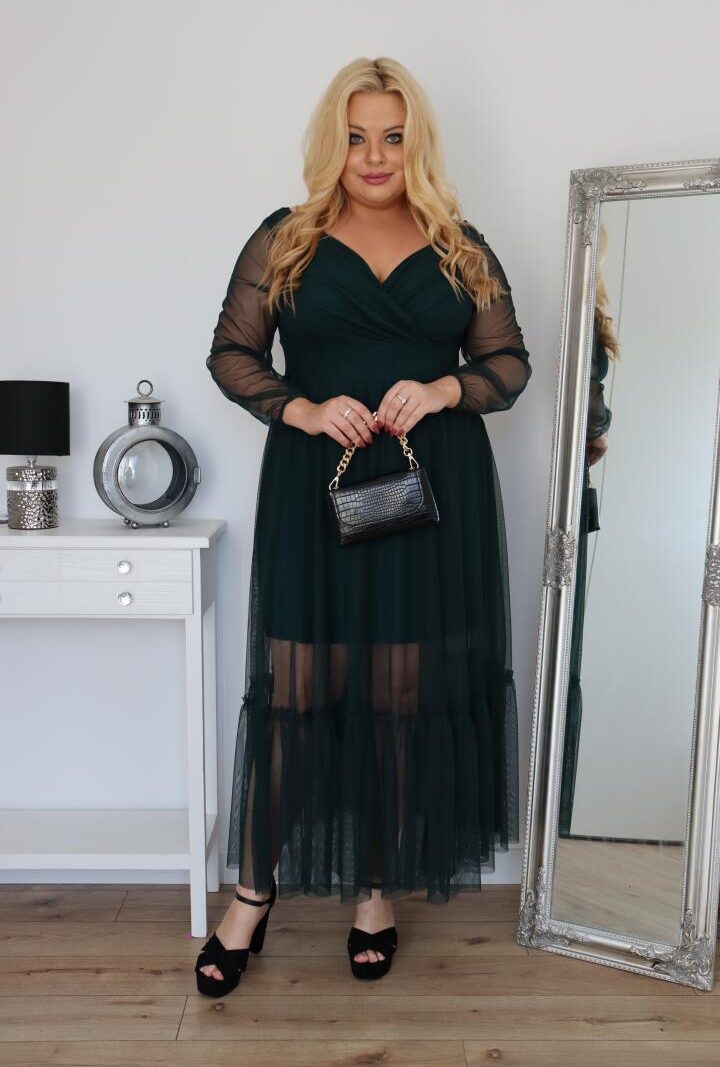 Sukienka klasyczna,lekka zwiewna rozkloszowana butelkowa zieleń tiul.A007. MEGA WYPRZEDAŻ! ostatni rozmiar  54