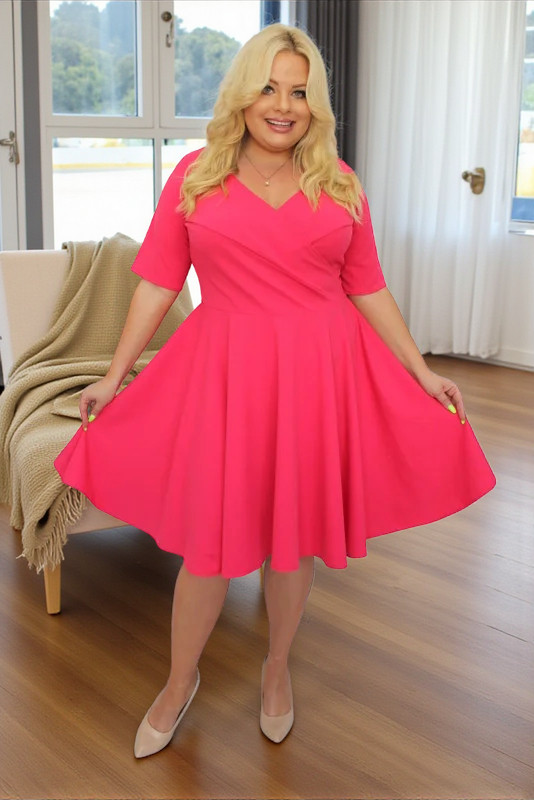 Sukienka Catalena rozkloszowana z kopertowym dekoltem amarant gładka - obrazek 3