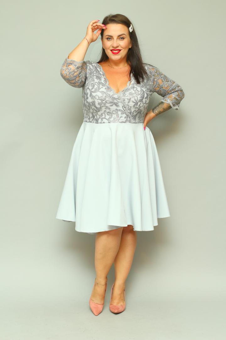 Sukienka Paloma rozkloszowana z kopertowym dekoltem EKSKLUZYWNA popiel cekiny listki PROMOCJA - obrazek 4