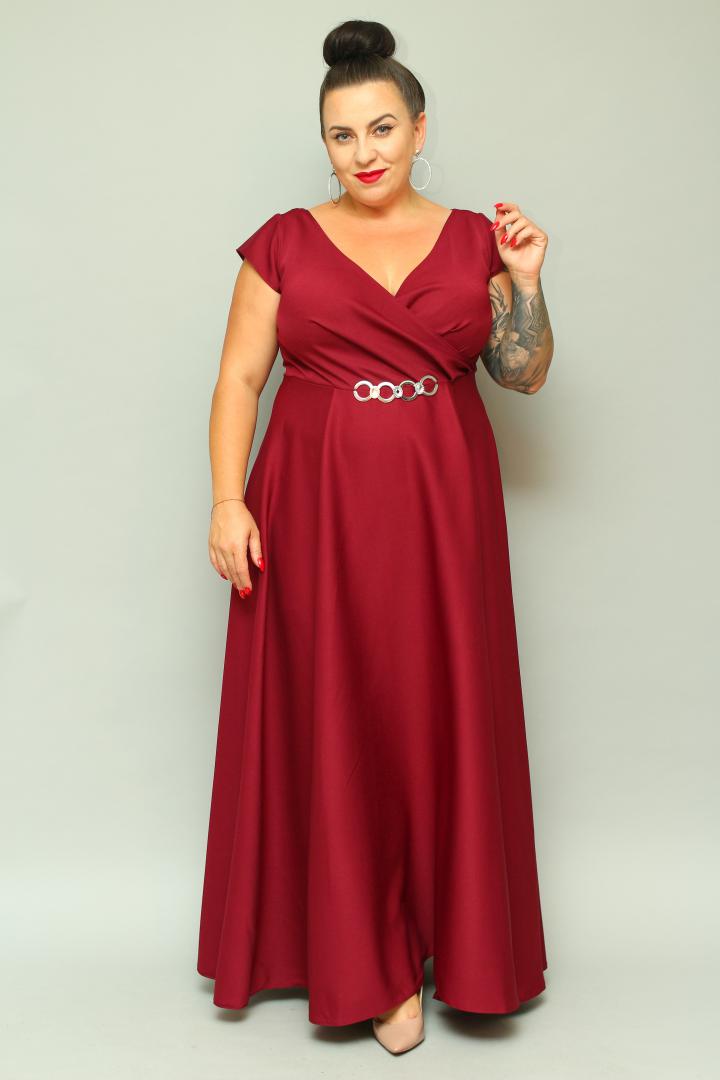 Sukienka wieczorowa Camilia – rozkloszowany krój, kopertowy dekolt, szykowna klamra. Zobacz film, który pokazuje, jak pięknie się układa! BORDOWA - obrazek 3