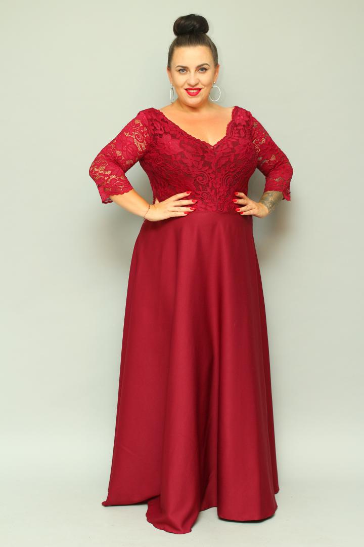 Sukienka Caterina maxi wieczorowa rozkloszowana ekskluzywna dekolt serek koronka bordo kwiatki