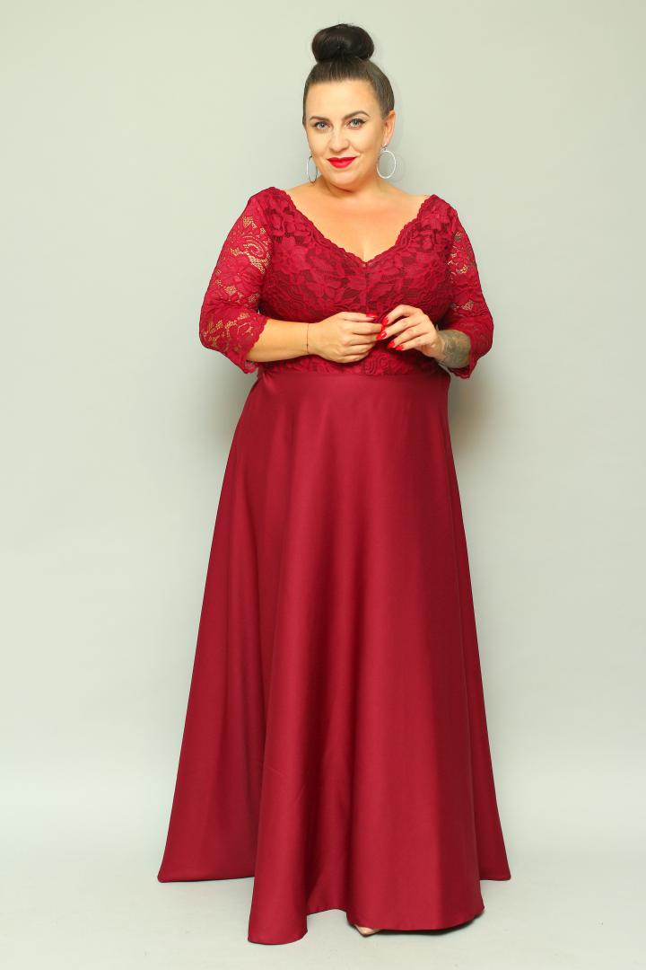 Sukienka Caterina maxi wieczorowa rozkloszowana ekskluzywna dekolt serek koronka bordo kwiatki - obrazek 3