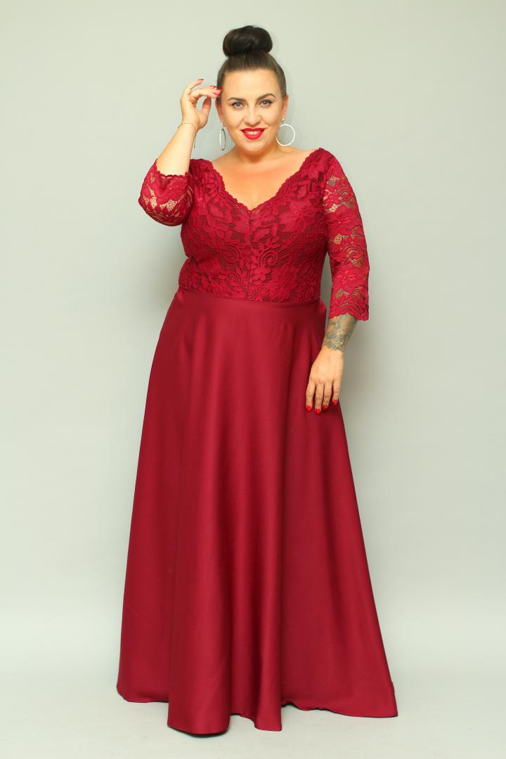 Sukienka Caterina maxi wieczorowa rozkloszowana ekskluzywna dekolt serek koronka bordo kwiatki - obrazek 4