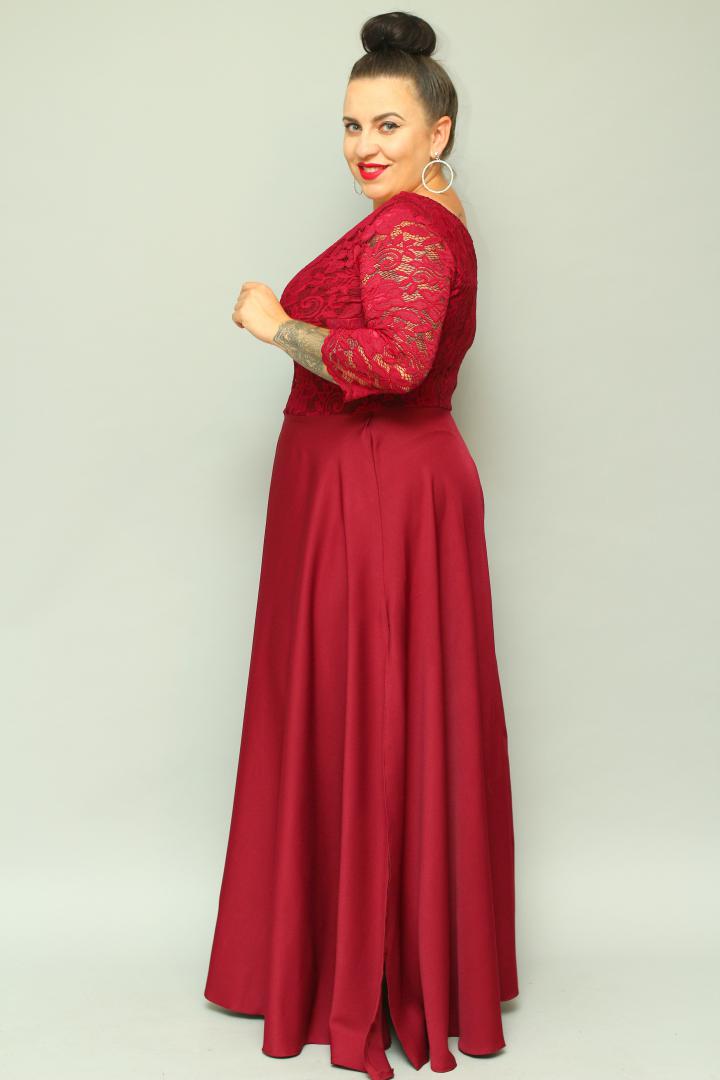 Sukienka Caterina maxi wieczorowa rozkloszowana ekskluzywna dekolt serek koronka bordo kwiatki - obrazek 5