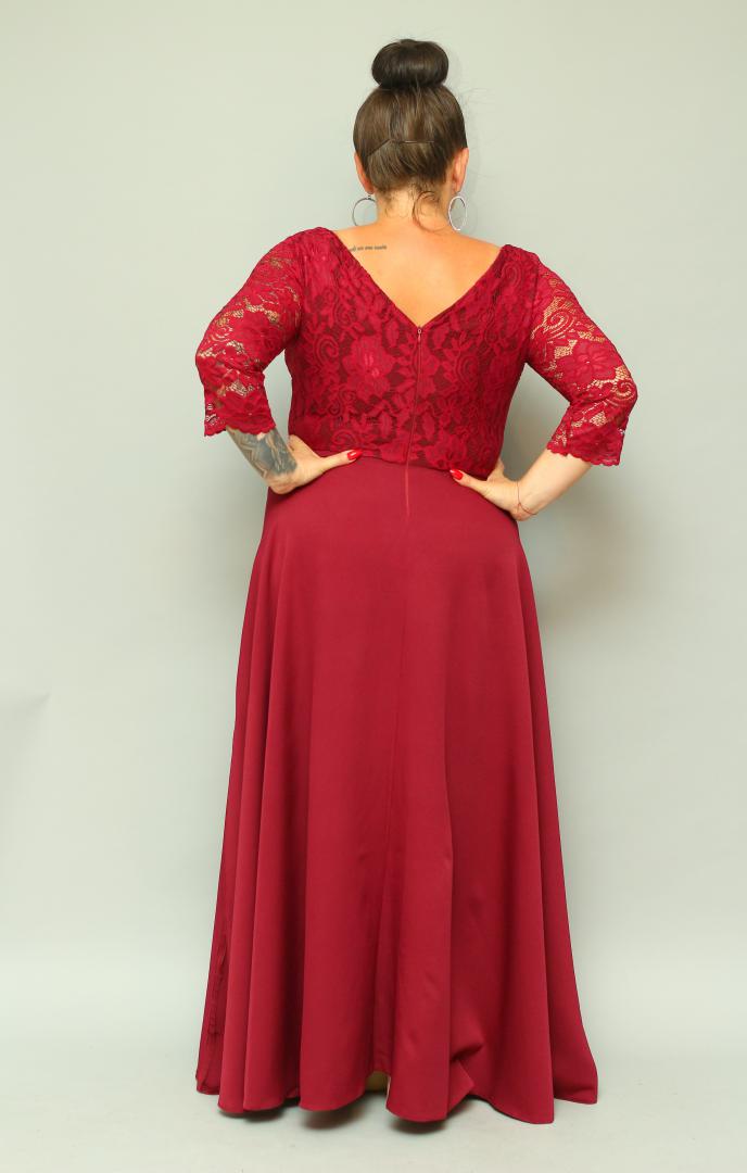 Sukienka Caterina maxi wieczorowa rozkloszowana ekskluzywna dekolt serek koronka bordo kwiatki - obrazek 6