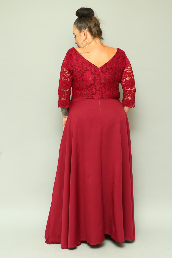Sukienka Caterina maxi wieczorowa rozkloszowana ekskluzywna dekolt serek koronka bordo kwiatki - obrazek 7