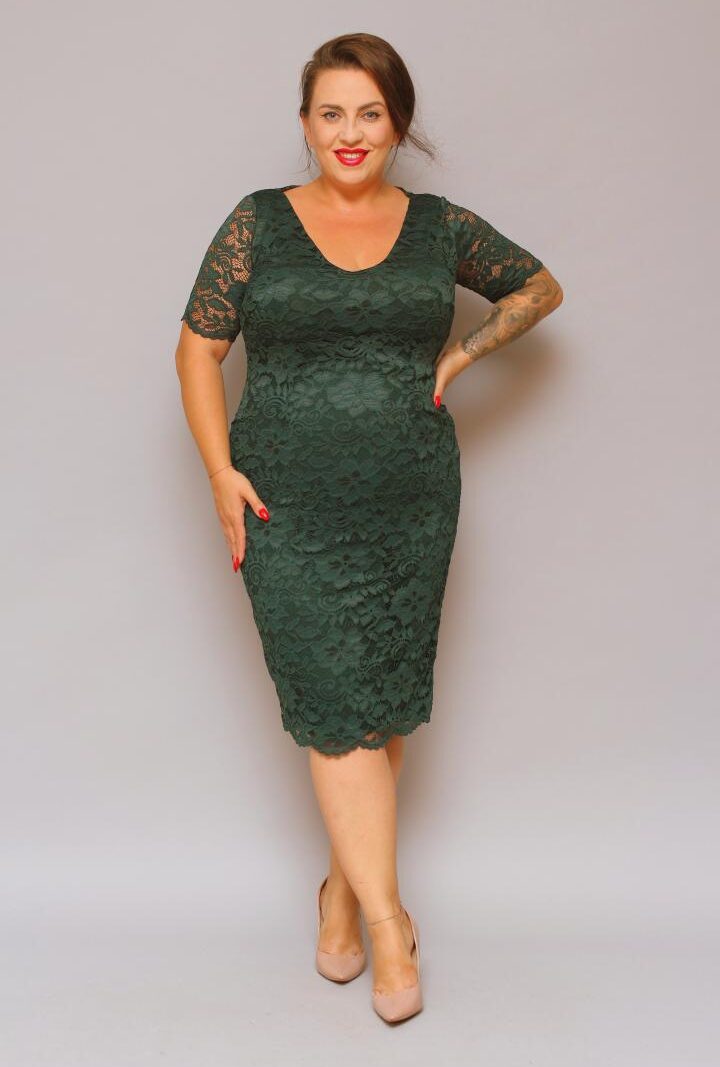 Sukienka Laura ołówkowa koronkowa dekolt V butelkowa zieleń kwiatki