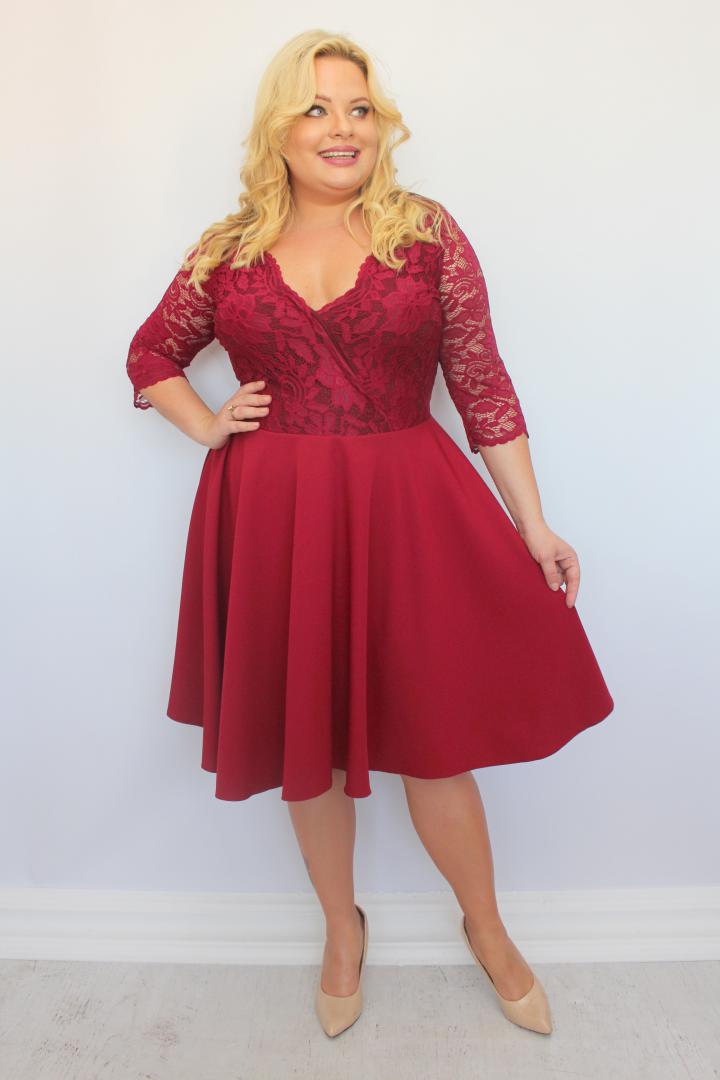 Sukienka Daniella rozkloszowana ekskluzywna kopertowy dekolt koronka bordo kwiatki - obrazek 3