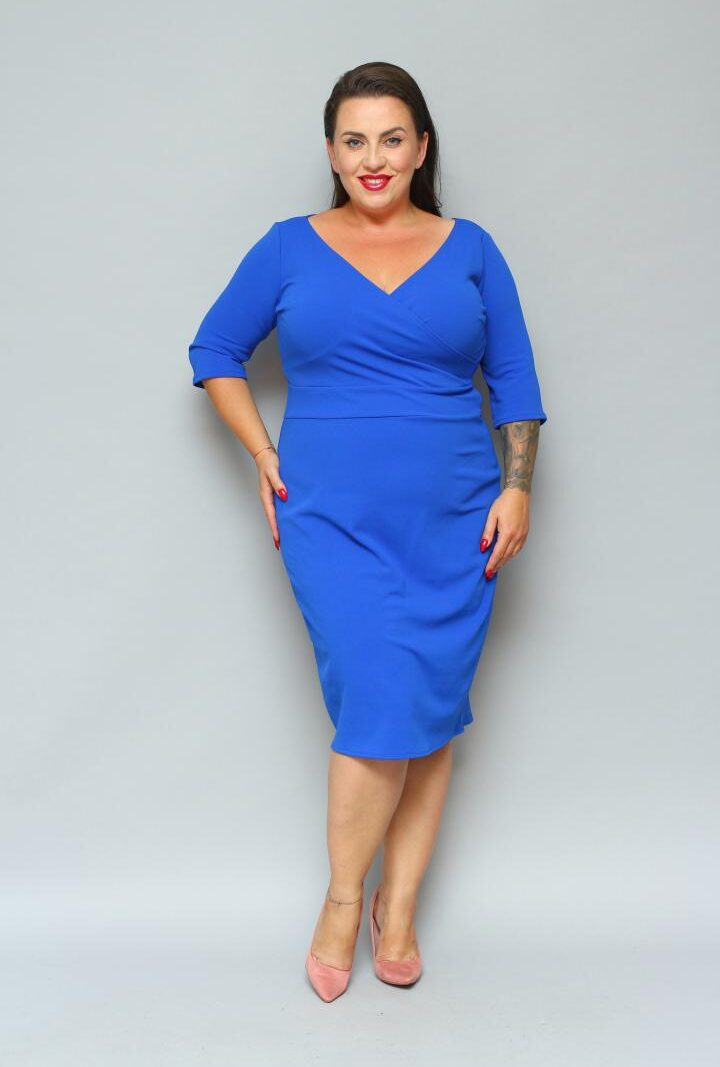 Sukienka klasyczna kopertowy dekolt chabrowa gładka.A001.MEGA WYPRZEDAŻ!