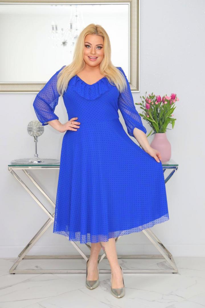 Lekka zwiewna sukienka rozkloszowana z tiulu w groszki. Chabrowa. KOD S1087.