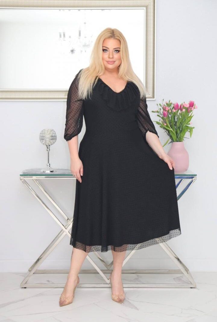 Sukienka Fabiola lekka zwiewna rozkloszowana tiulowa w groszki czarna